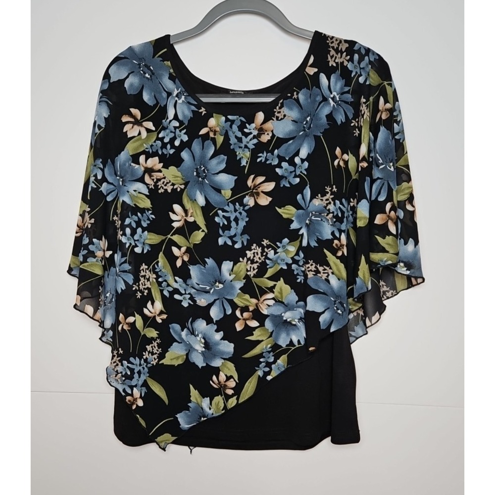 Lotusmile Womens Black Asymmetric Floral Overlay Sleeveless Blouse Size Large